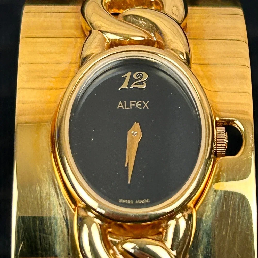Alfex of Switzerland Vintage‎ 18KT Gold Electroplated Cuff Watch Cuban Link P/R